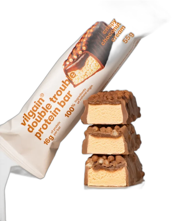 Double Trouble Protein Bar ⁠–⁠ dvojvrstvová oriešková tyčinka – Choco bueno s chrumkami VILGAIN