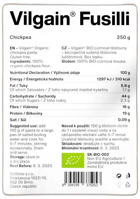 Fusilli cestoviny BIO ⁠–⁠ vrtuľky – cícerové 250g VILGAIN