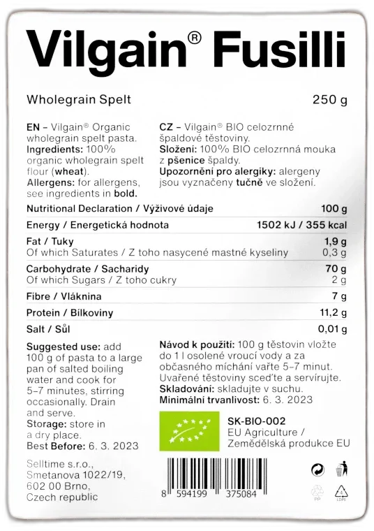 Fusilli cestoviny BIO ⁠–⁠ vrtuľky – špaldové 250g VILGAIN