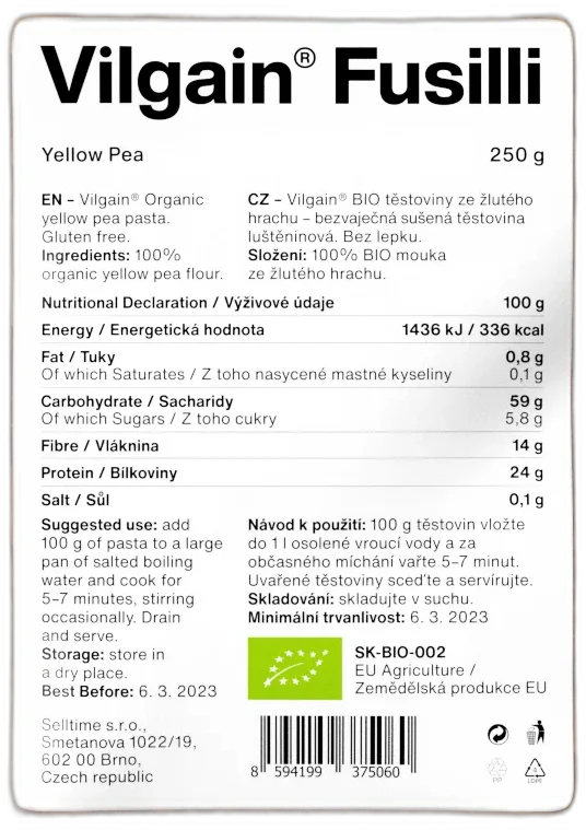 Fusilli cestoviny BIO ⁠–⁠ vrtuľky – hrachové 250g VILGAIN