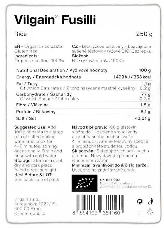 Fusilli cestoviny BIO ⁠–⁠ vrtuľky – ryžové 250g VILGAIN