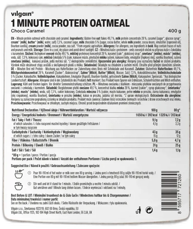 Minútová proteínová kaša ⁠–⁠ čokoláda a karamel 400g VILGAIN